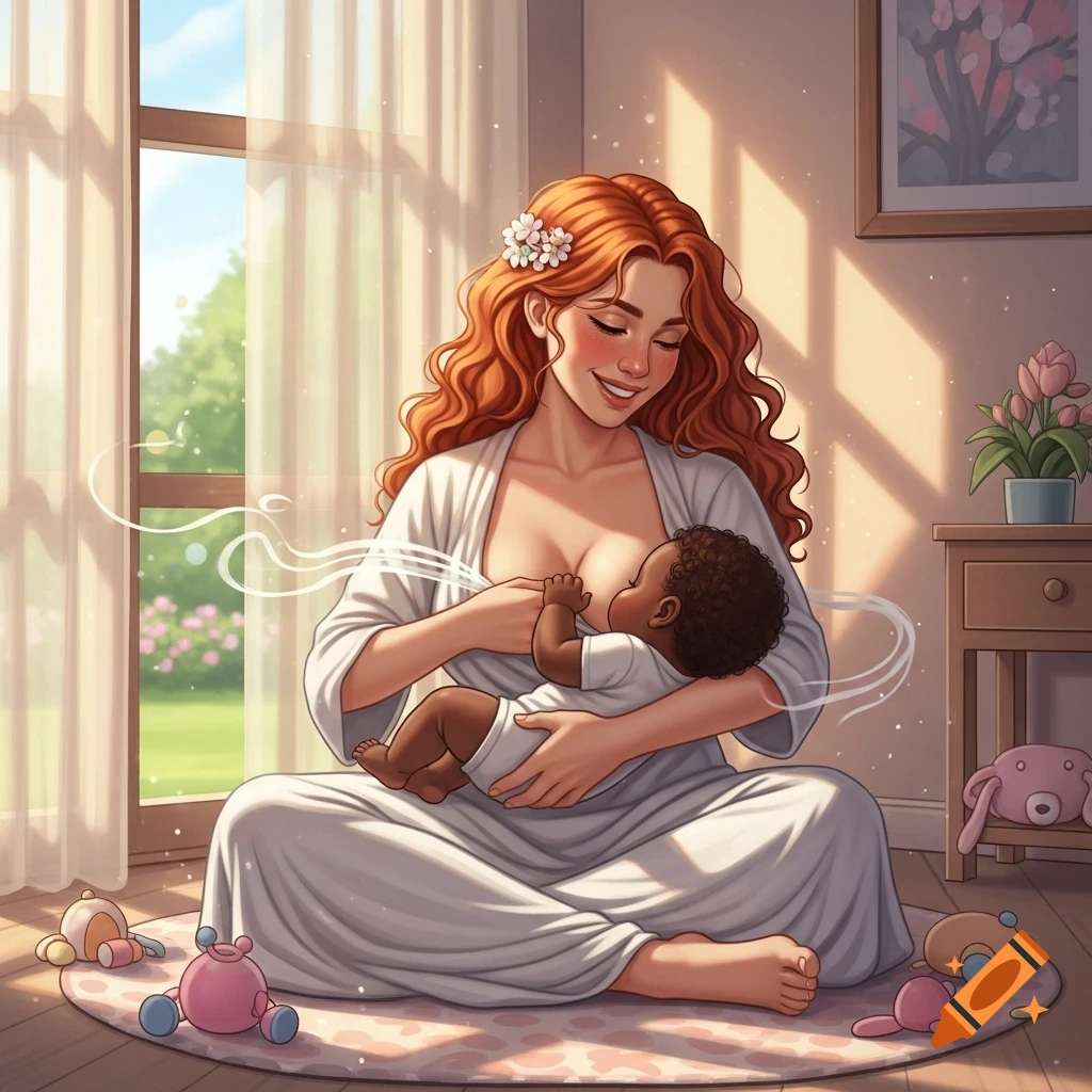 Illustrated redheaded woman happily breastfeeding a baby on a rug by a sunlit window.