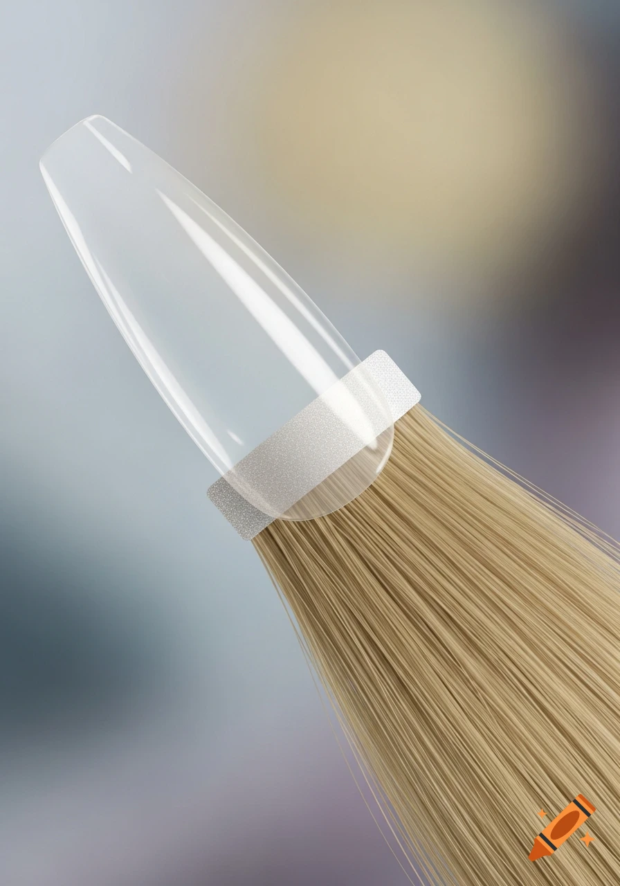 Close-up of a clear nail tip extension with blonde hair extension taped to it on a blurred background.