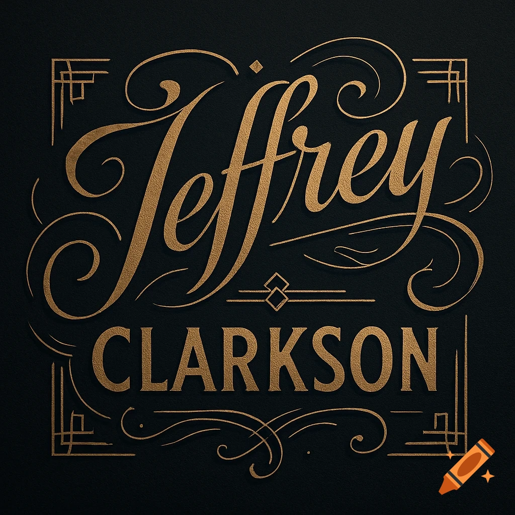 Golden Art Deco typography for 'Jeffrey Clarkson' with ornate flourishes on a dark textured background.