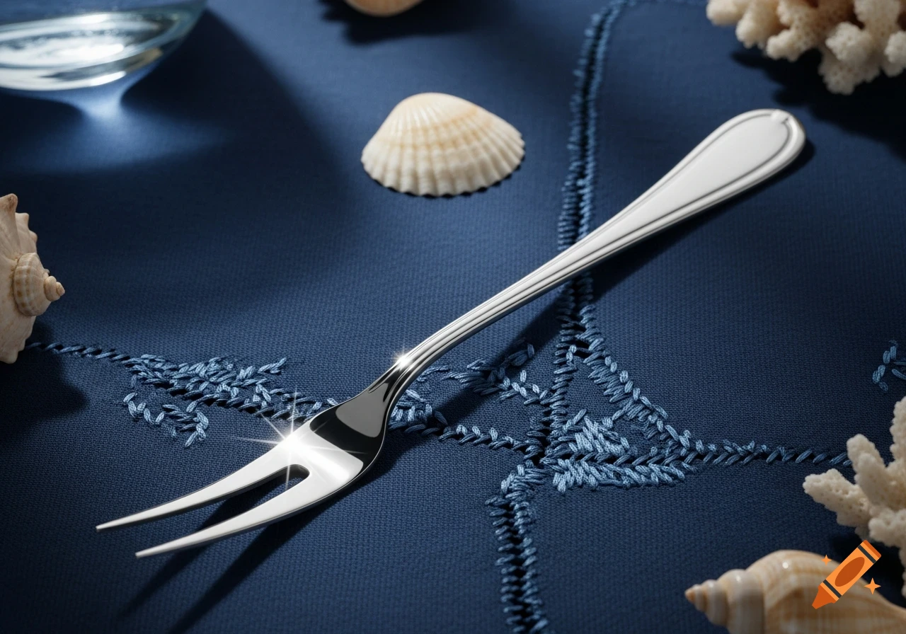 A shiny silver crab fork rests on a dark blue tablecloth with embroidered trim, surrounded by seashells and coral.