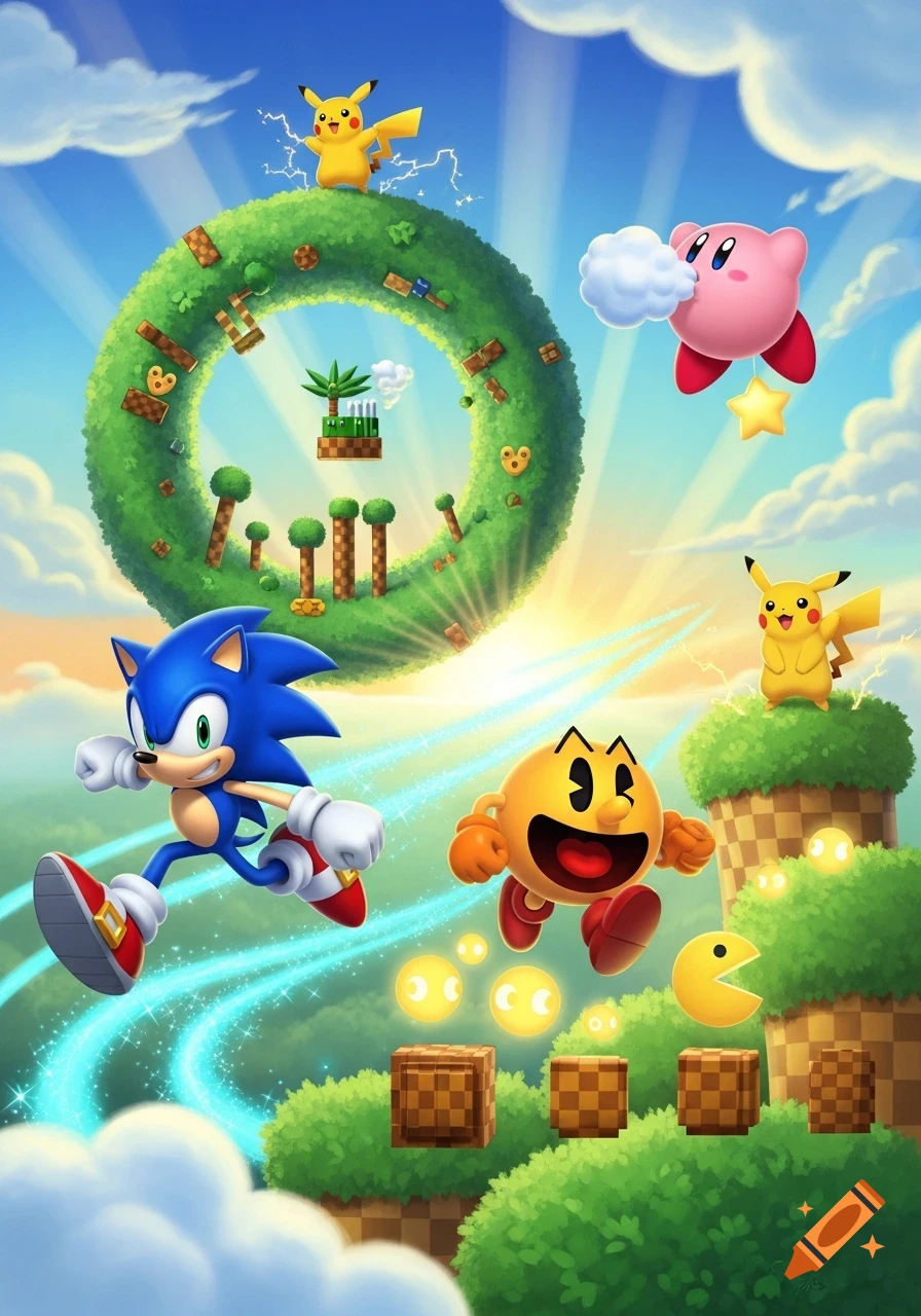 A vibrant cartoon illustration of Sonic, Pac-Man, Pikachu, and Kirby in a fantastical green world with a loop structure in the sky.