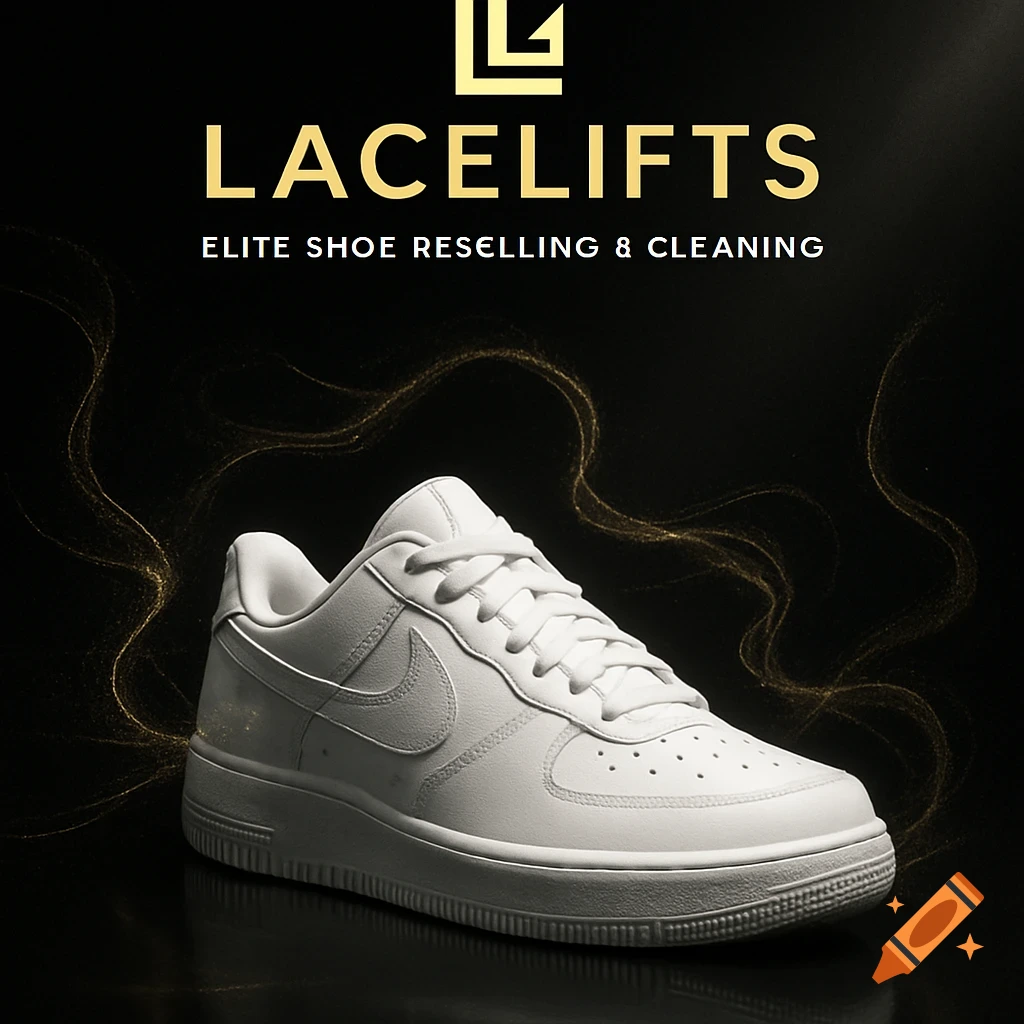 A white sneaker on a dark background with gold wisps and text 'LACELIFTS ELITE SHOE RESELLING & CLEANING'.