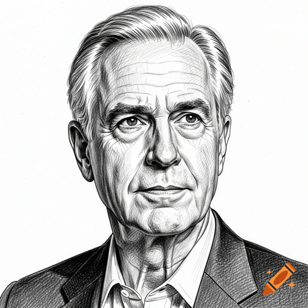 Black and white pencil sketch portrait of an older man with grey hair ...
