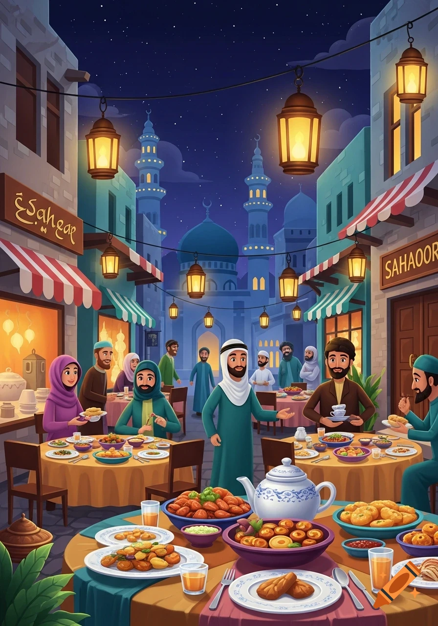 Cartoon of people dining outdoors at night in a Middle Eastern street with glowing lanterns and a mosque in the background.