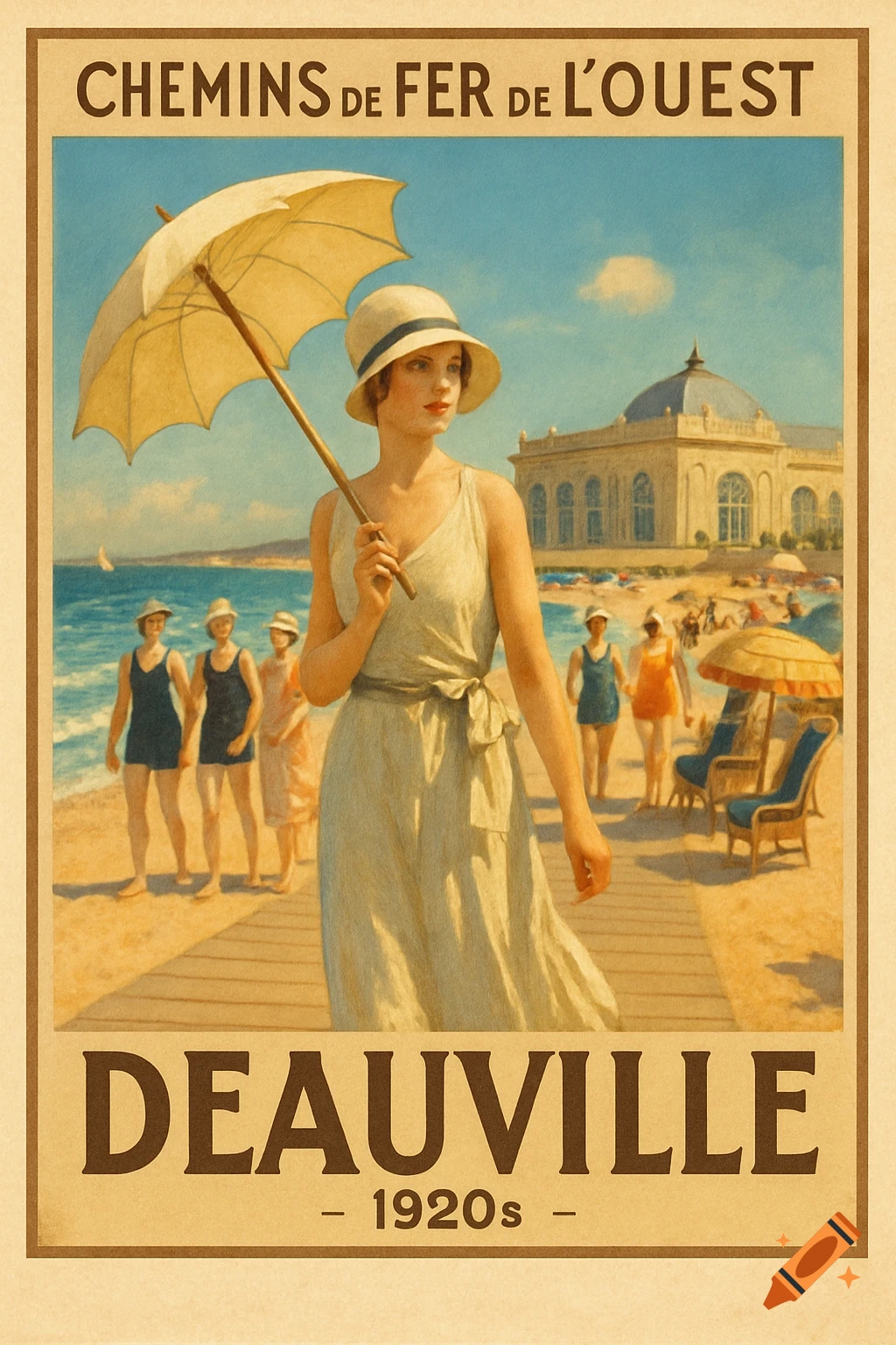 Vintage travel poster for Deauville in the 1920s, featuring a woman with an umbrella on a beach boardwalk.