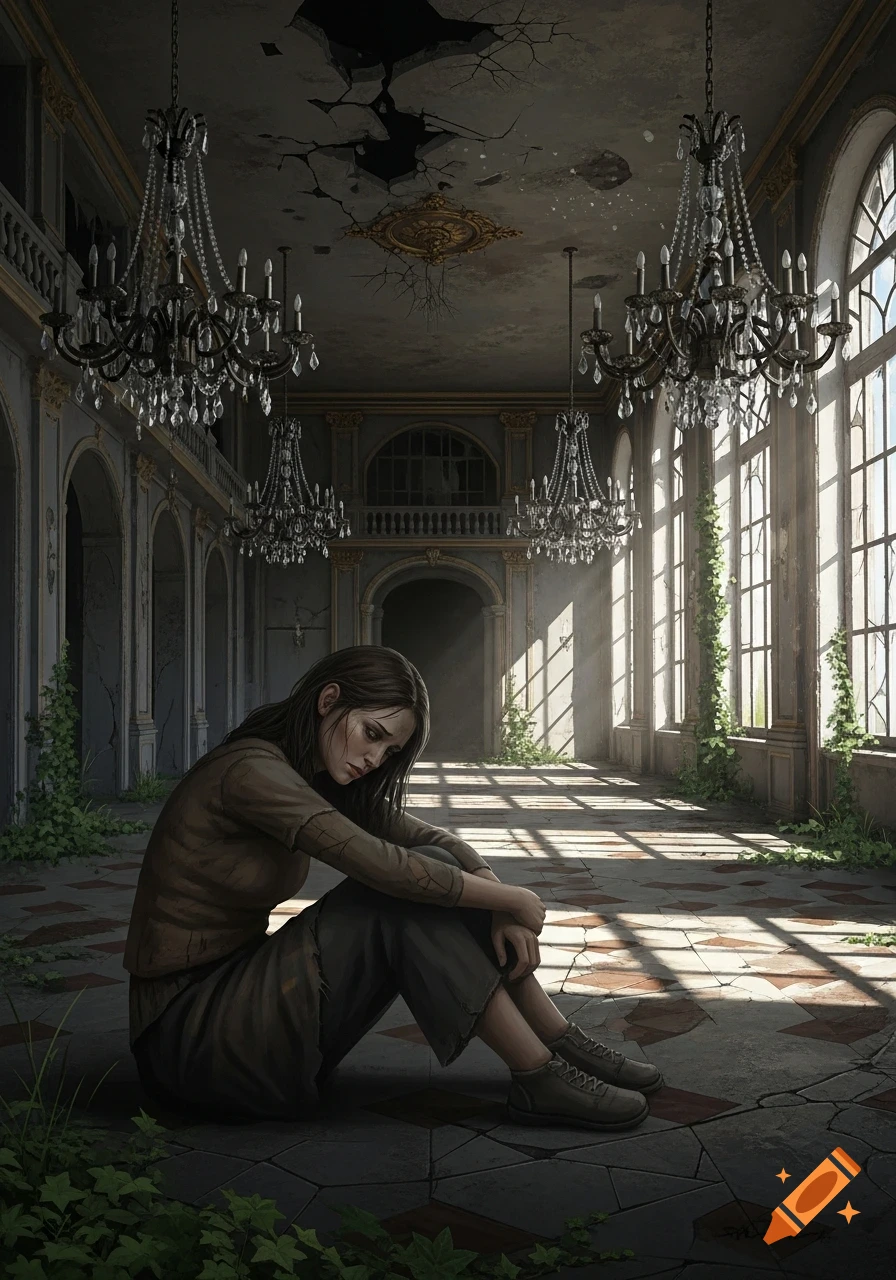 A tired, sad woman sits on the floor of a sunlit, abandoned grand hall with broken chandeliers and ivy.