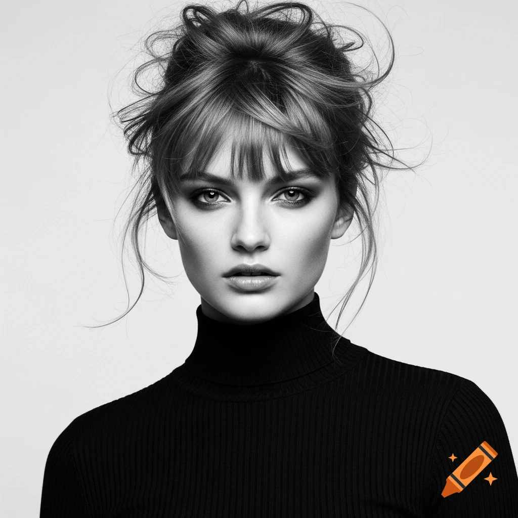 Black and white editorial portrait of a woman with a messy bun, bangs, and a black ribbed turtleneck.