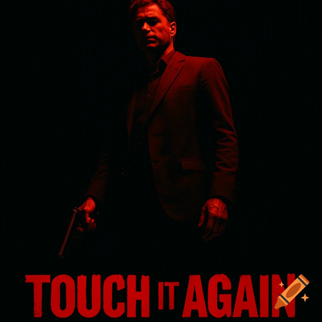 A man in a dark suit holds a gun, partially illuminated by red light against a black background, with 'TOUCH IT AGAIN' text.