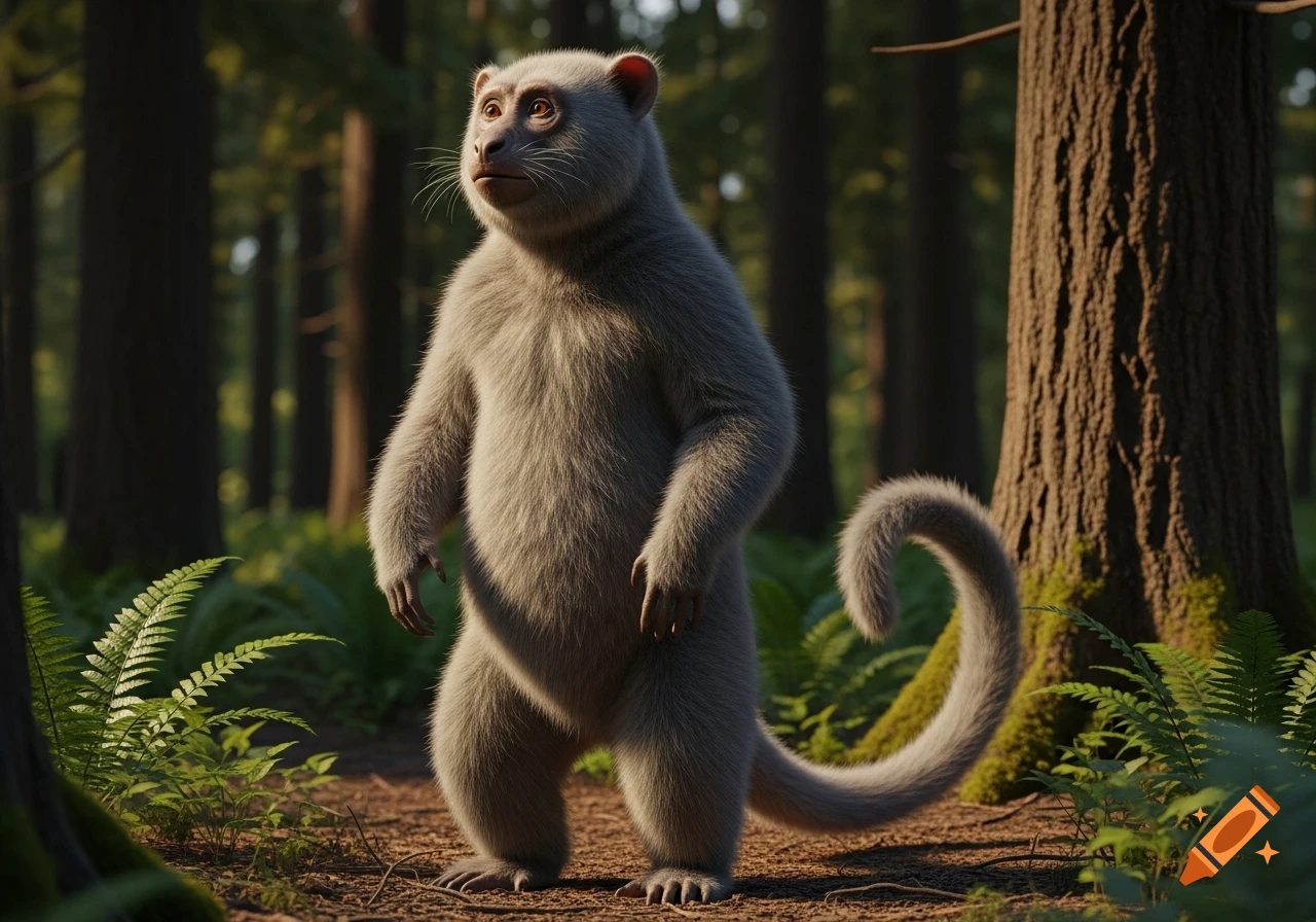 A photorealistic speculative bipedal mammal with gray fur and a long tail stands in a sunlit temperate forest.