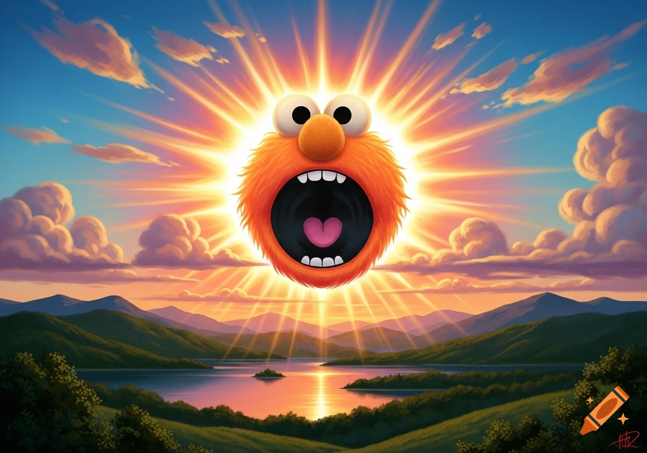Elmo's screaming orange face as the vibrant sun, radiating light over a serene mountain and lake landscape at sunrise.