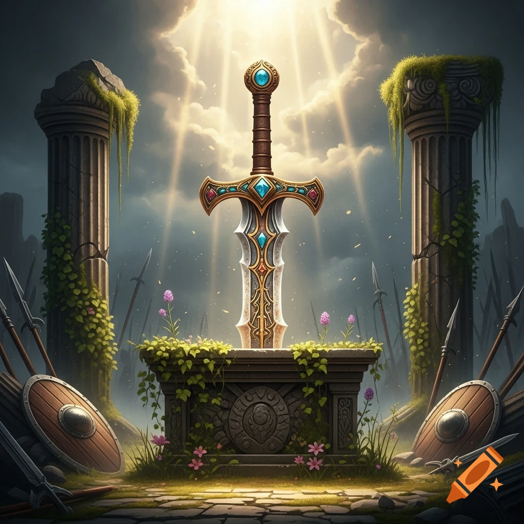 A stylized, ornate sword stands upright on a stone pedestal in overgrown ancient ruins, bathed in dramatic light rays from above.