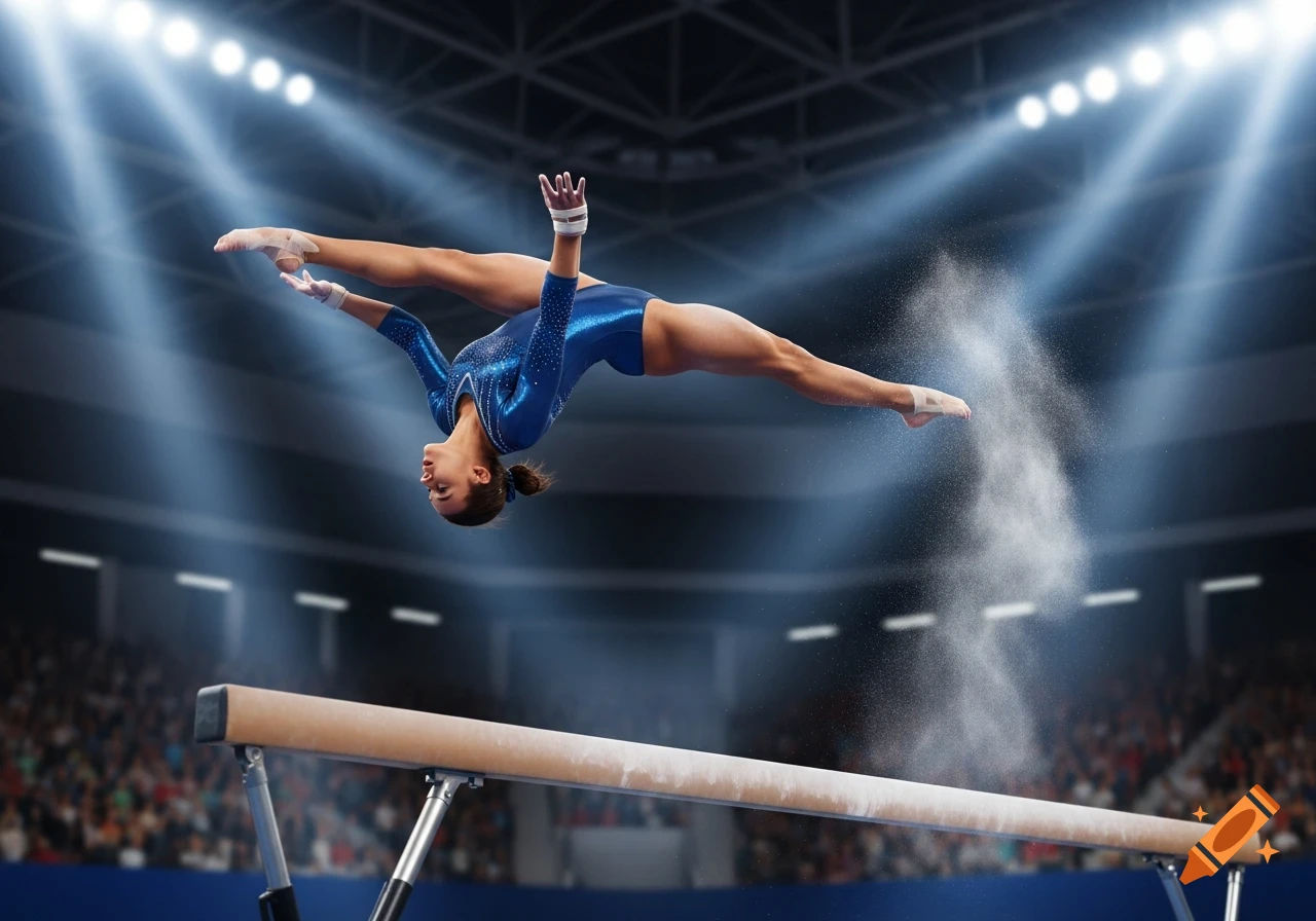 A female gymnast in a blue leotard performs an acrobatic flip over a balance beam in a brightly lit stadium.