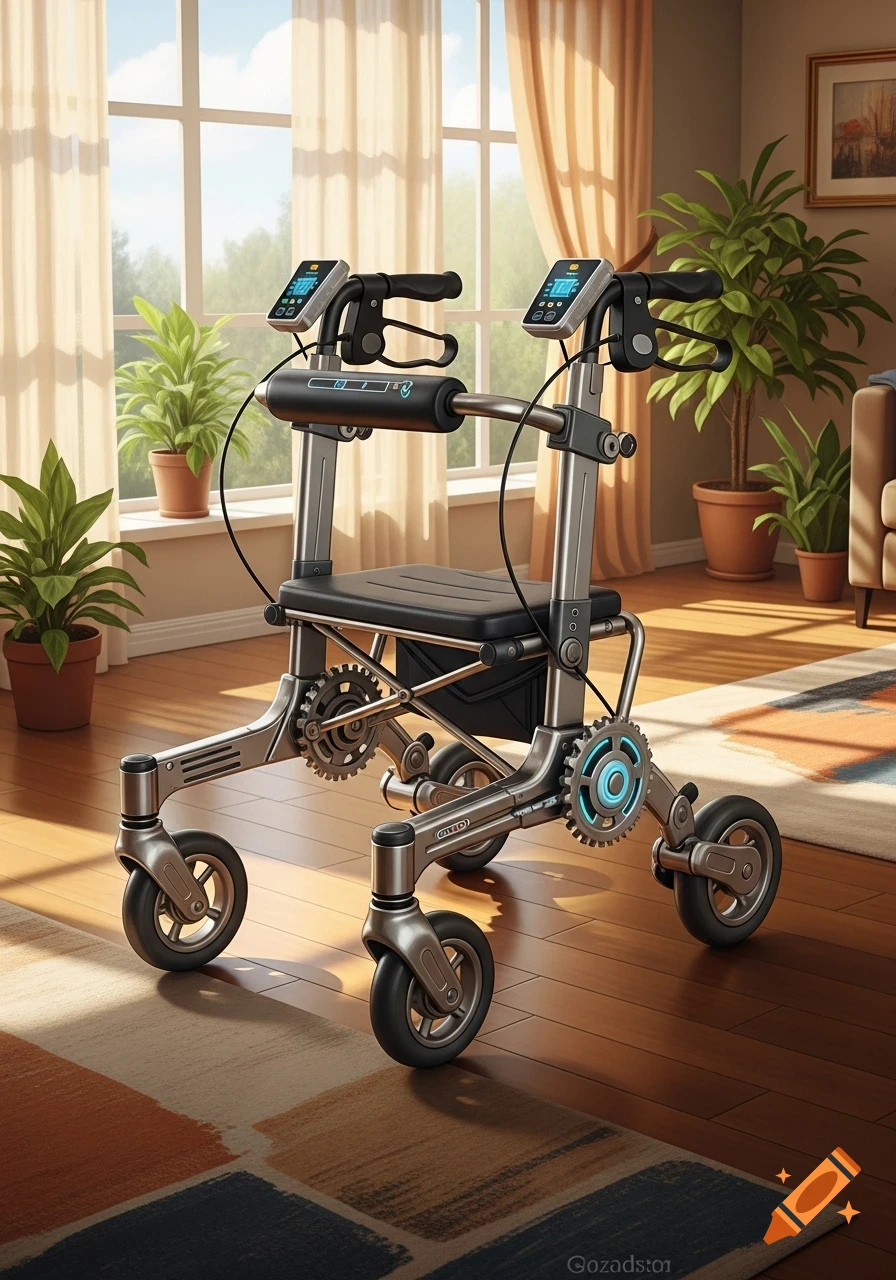 A modern motor-assist walker with digital screens and gears sits on a wooden floor in a sunlit room with potted plants.