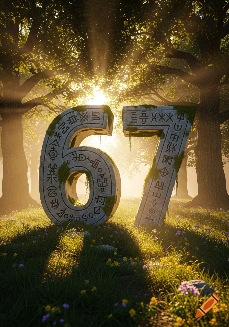 Large moss-covered stone numbers 6 and 7 stand in a sunlit forest with ...