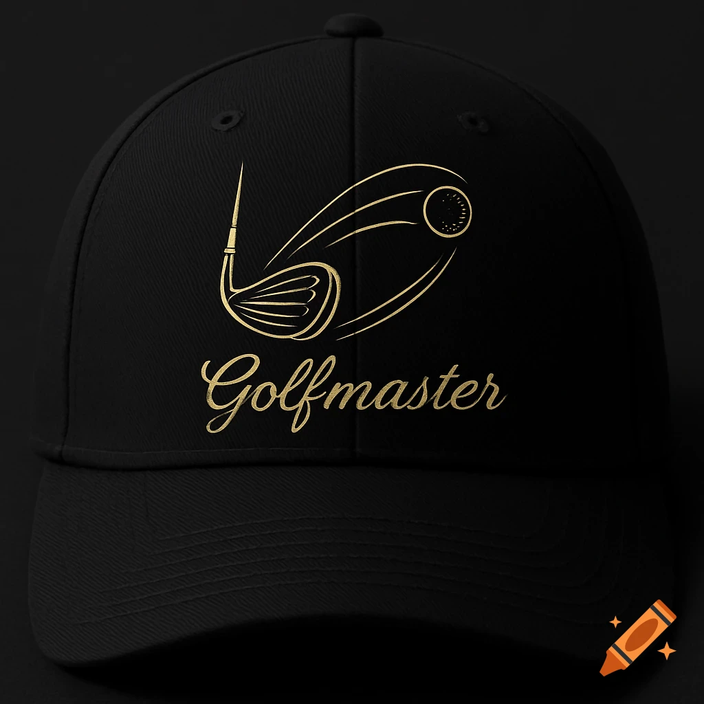 Black baseball cap with a gold 'Golfmaster' logo, featuring a golf club hitting a golf ball.