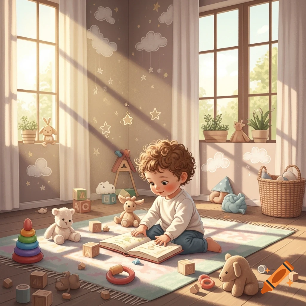 A cute, curly-haired toddler sits on a rug in a sunlit playroom, looking at an open book surrounded by various toys and building blocks.