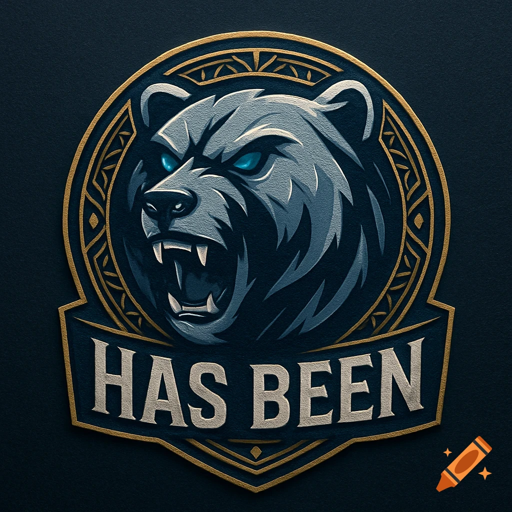 Stylized digital art logo of a snarling gray bear head with blue eyes, bordered in gold, with 'HAS BEEN' on a banner.
