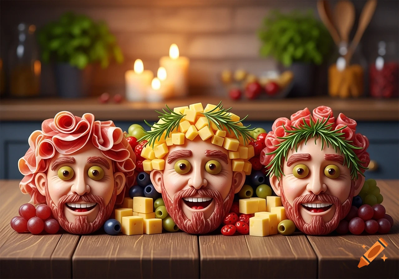 Three cartoonish faces made of charcuterie items like ham, cheese, and olives, on a wooden board with a blurred kitchen background.