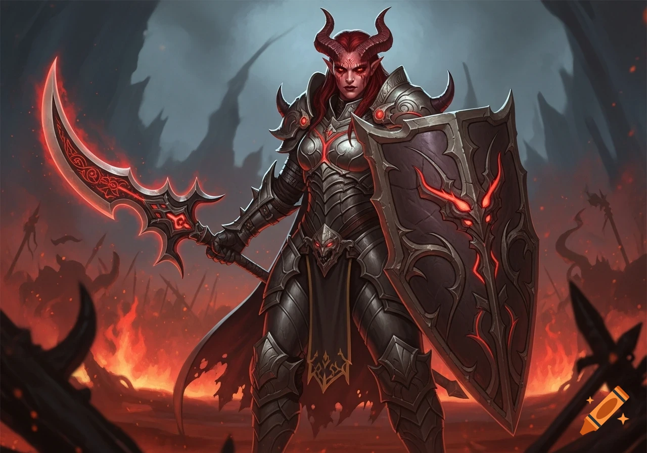 A red-skinned Tiefling female warrior in dark ornate armor stands on a fiery battlefield, holding a glowing scythe-glaive and shield in a detailed fantasy art style.