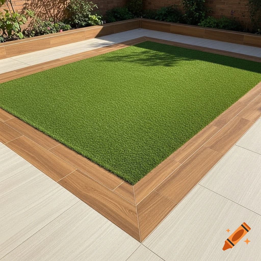 An outdoor garden featuring a rectangular patch of artificial grass bordered by wood-look tiles, surrounded by light-colored stone paving.
