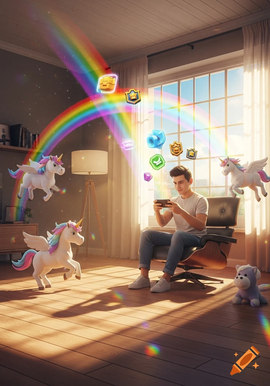 A young man plays a mobile game in a bright living room, surrounded by rainbows, game icons, and floating unicorns.