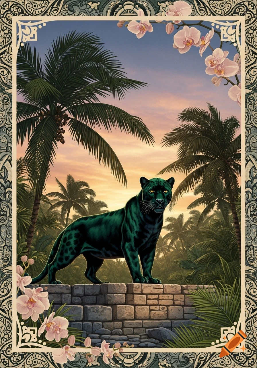 A stylized black panther stands on a stone wall amidst tropical palm trees and orchids at sunset, framed by an ornate filigree border.