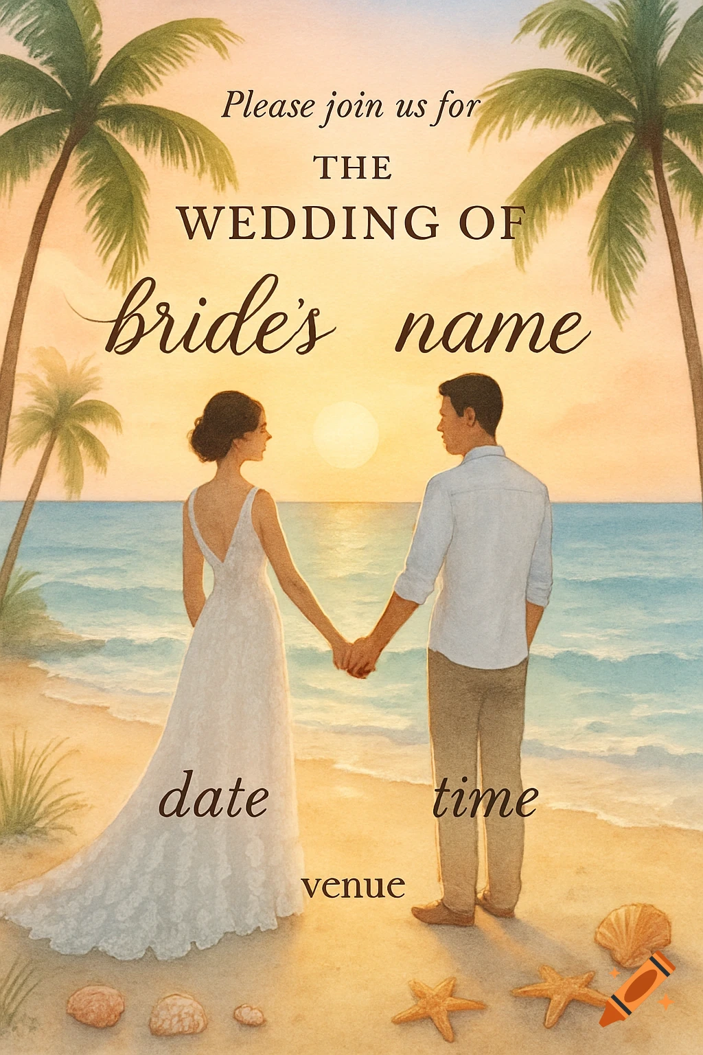 Watercolor illustration of a bride and groom holding hands on a beach at sunset, with palm trees and wedding invitation text.