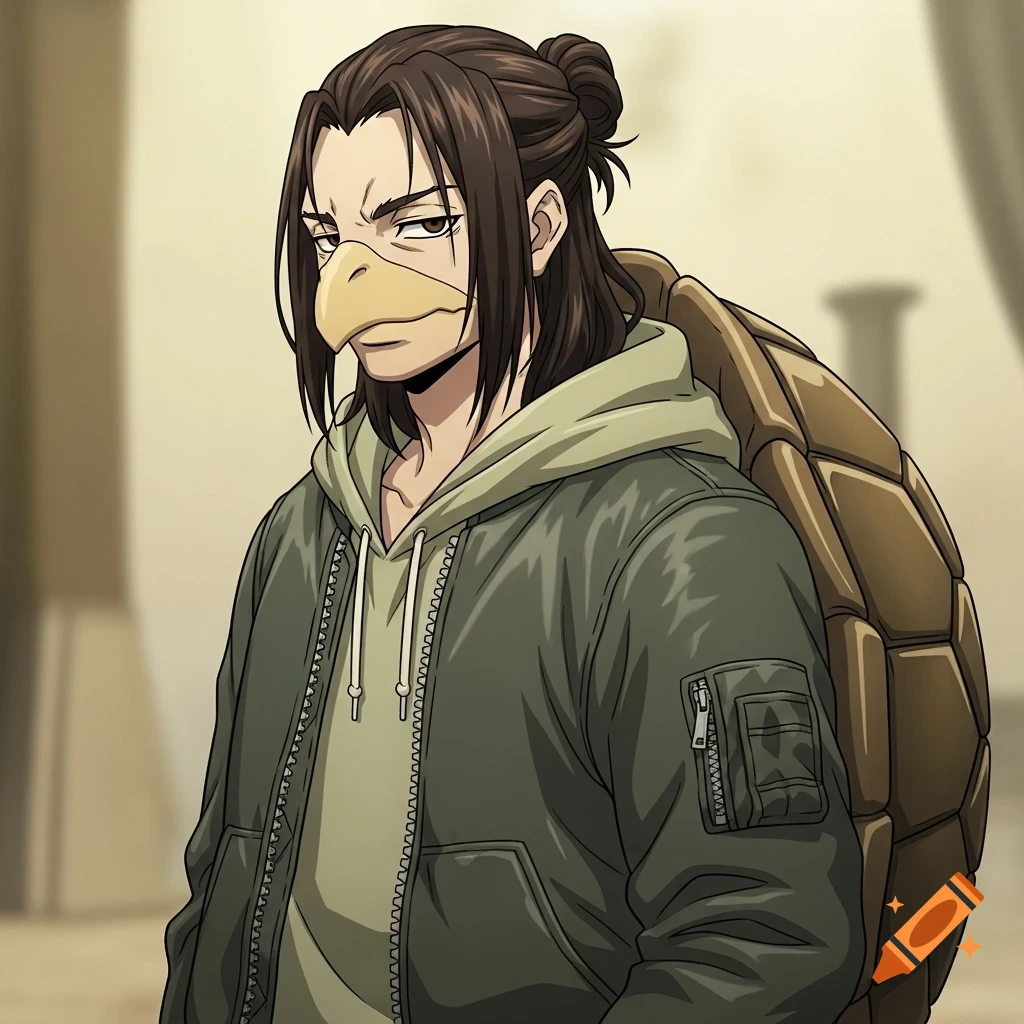 An anime-style male character with long dark brown hair in a bun, a turtle-like beak, and a large turtle shell on his back, wearing a green hoodie and bomber jacket, with a tired expression.