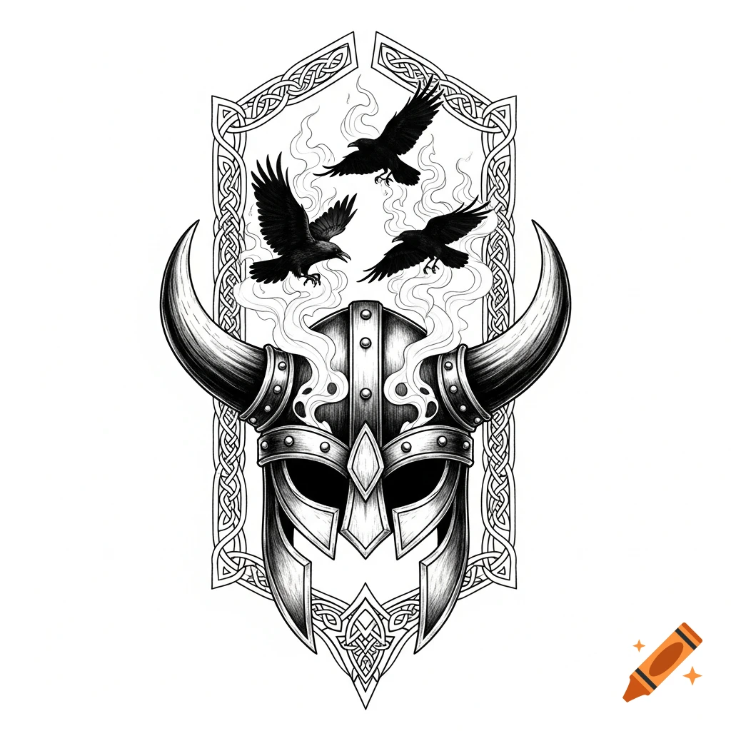 Monochrome black-ink tattoo design of a horned Viking helmet with three ravens flying above, framed by intricate Norse knotwork.
