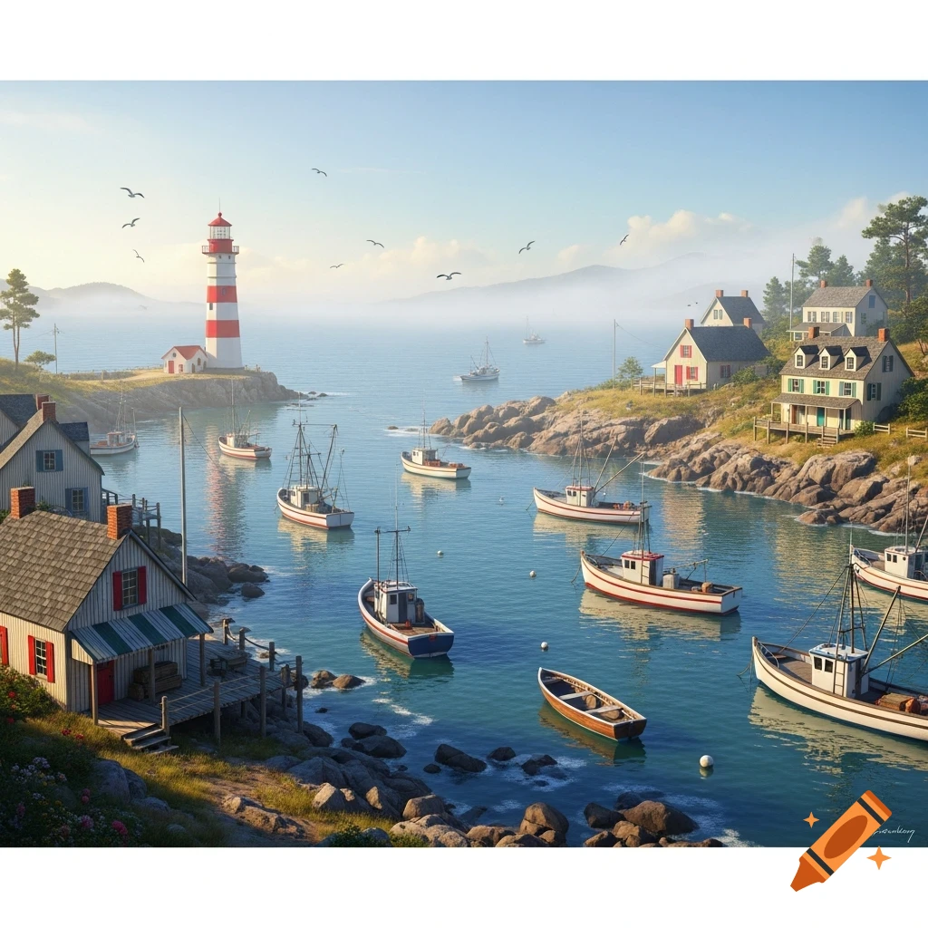 A sunny coastal village with a red and white lighthouse, many fishing boats in a calm harbor, and houses on rocky shores.