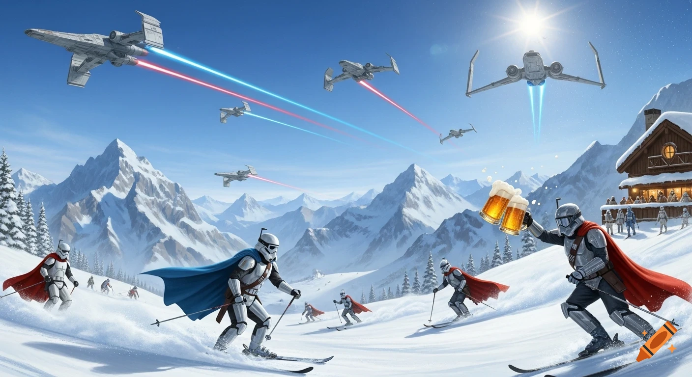 Stormtroopers and a Mandalorian-like character skiing down snowy mountains, with spaceships flying and one character toasting with beers.
