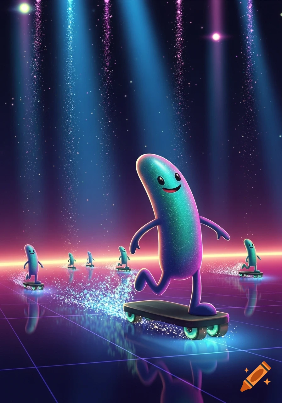 Glowing worm-like cartoon characters skateboard in a neon-lit futuristic disco setting.