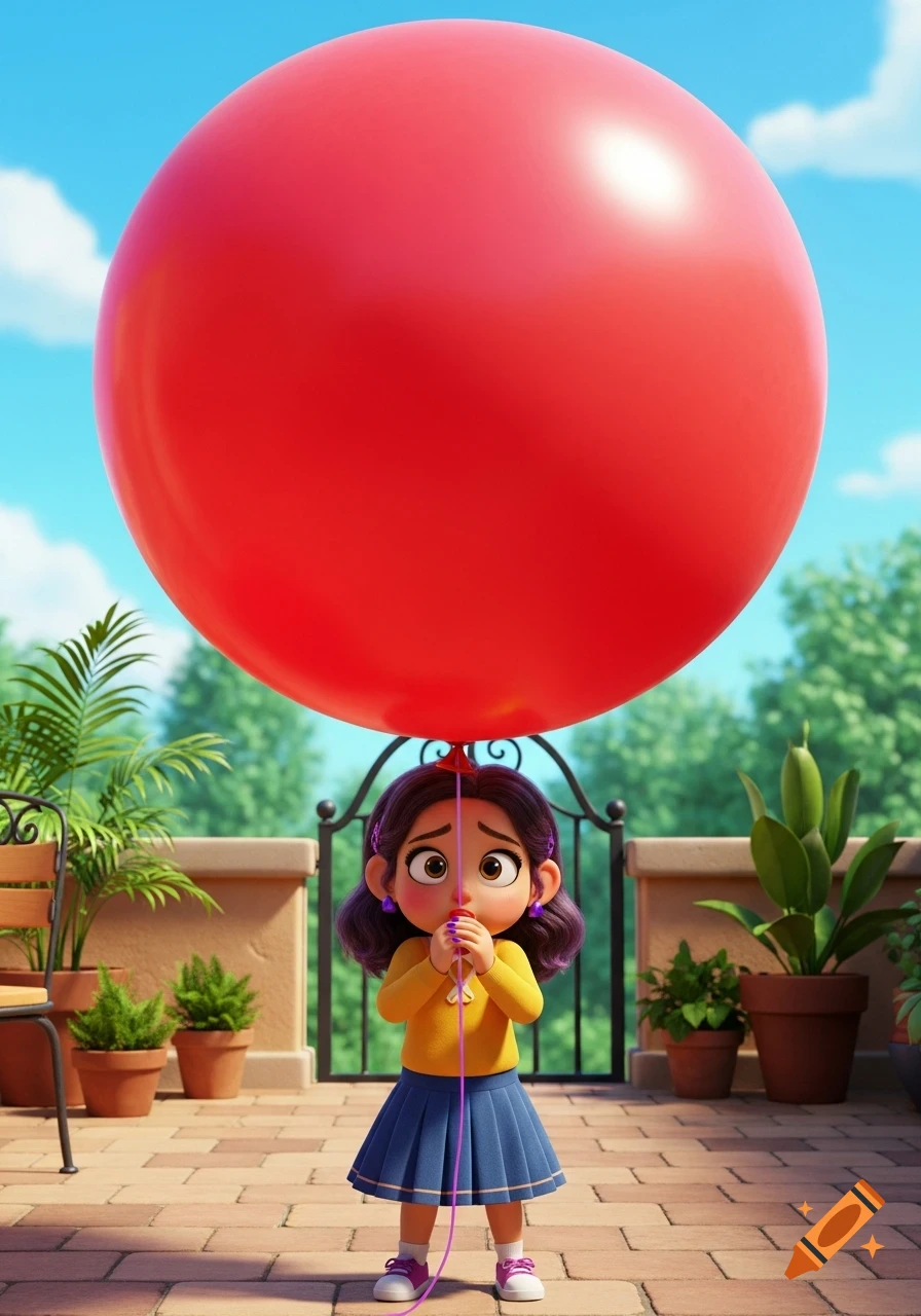 A cartoon girl with purple hair and a yellow top looks scared while holding the string of a huge red balloon outdoors.