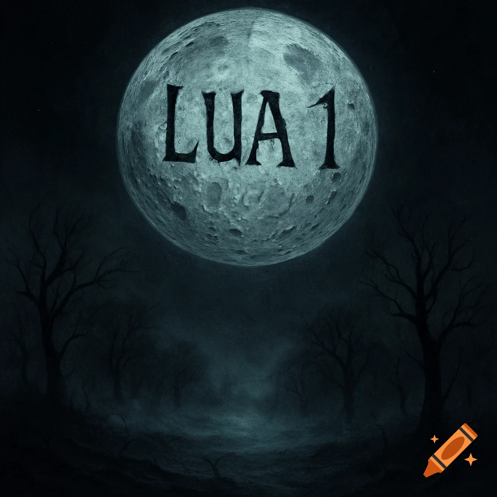 A dark, eerie scene featuring a full moon with "LUA 1" written on it, overlooking a misty landscape with bare, silhouetted trees.