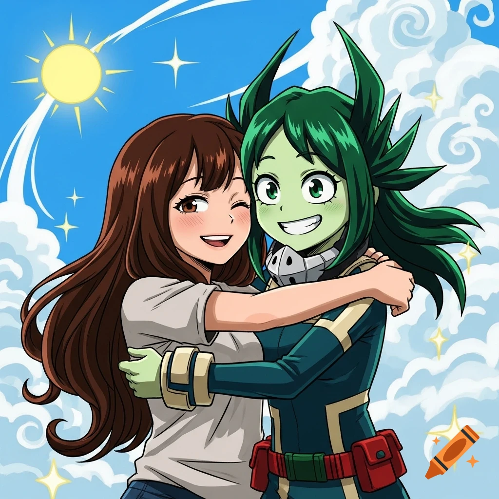 Two anime girls, one with long brown hair and the other with green skin and spiky green hair, hug under a sunny sky.