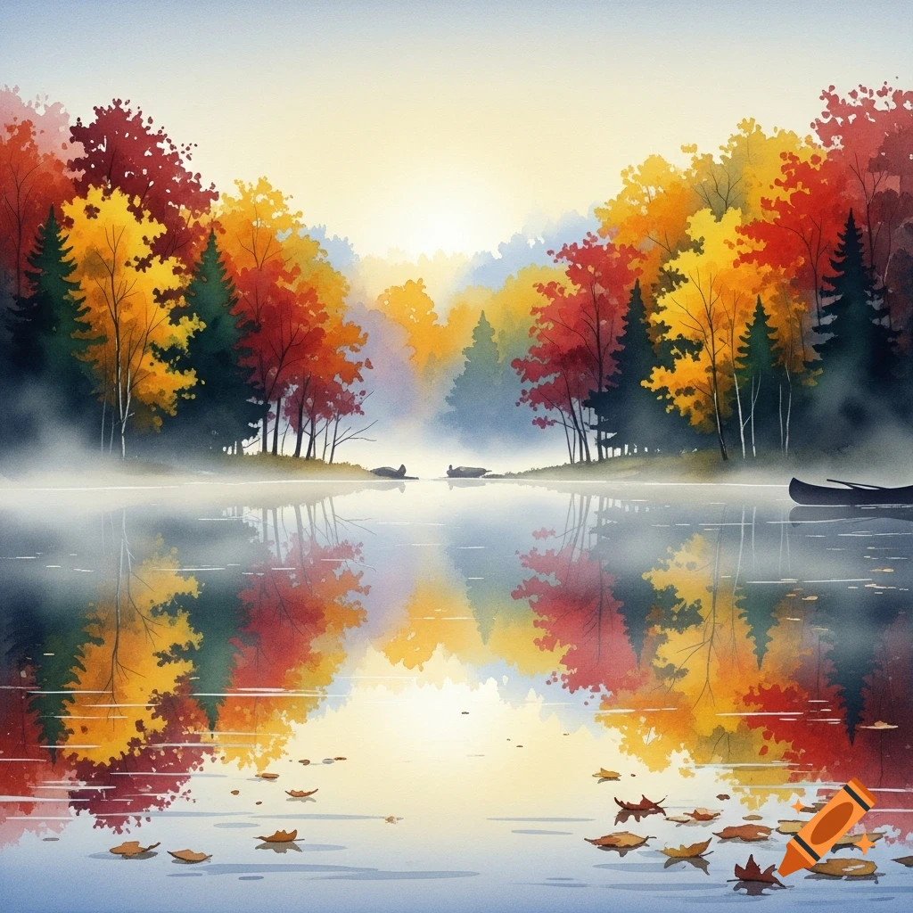 Watercolor painting of a vibrant autumn forest reflected in a misty ...