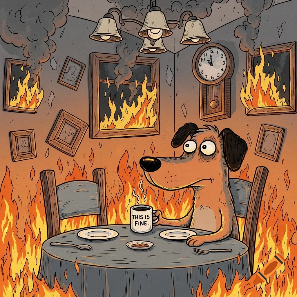 Cartoon dog calmly sips coffee from a 'THIS IS FINE.' mug in a room engulfed in flames.