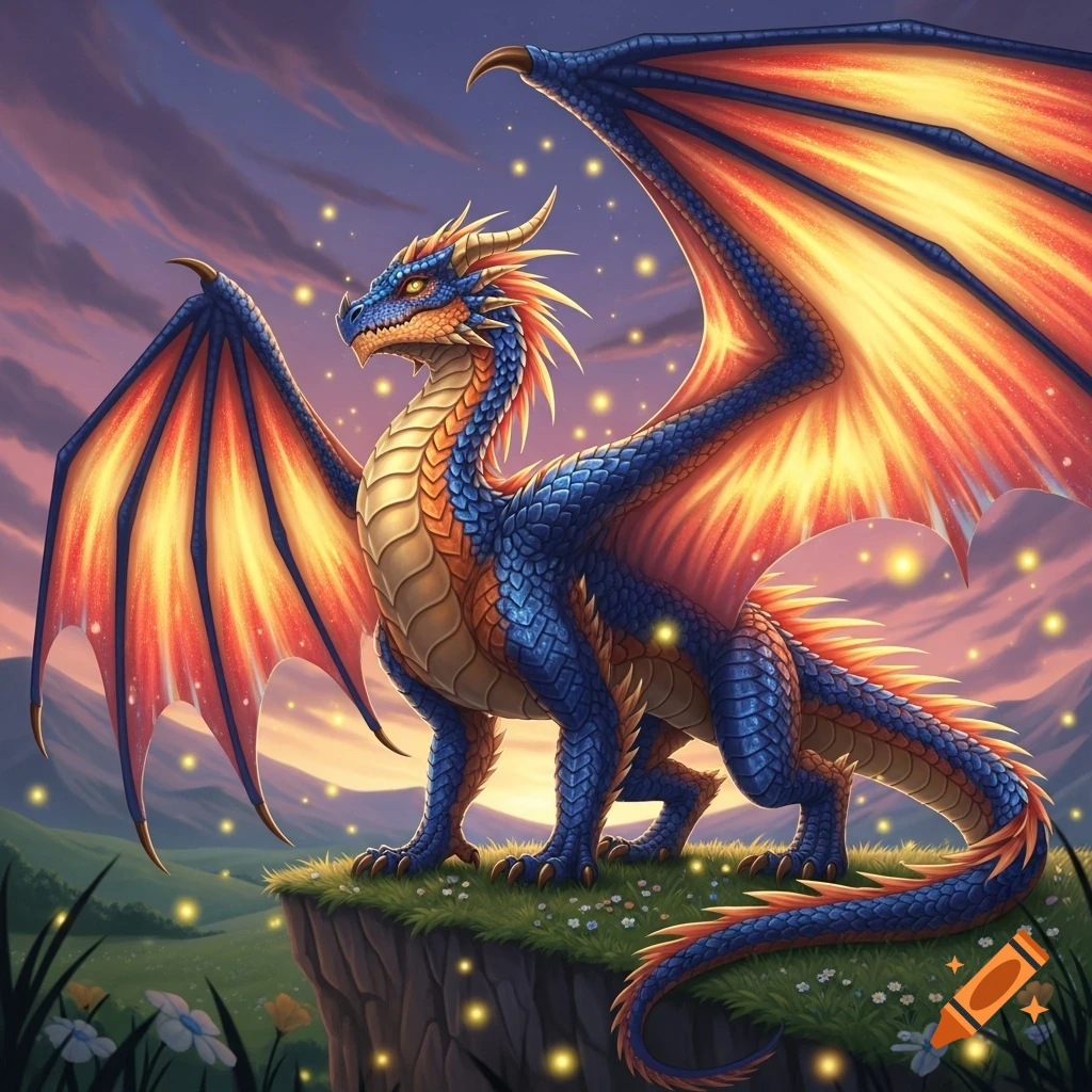 A majestic blue and orange dragon with large, glowing fiery wings ...