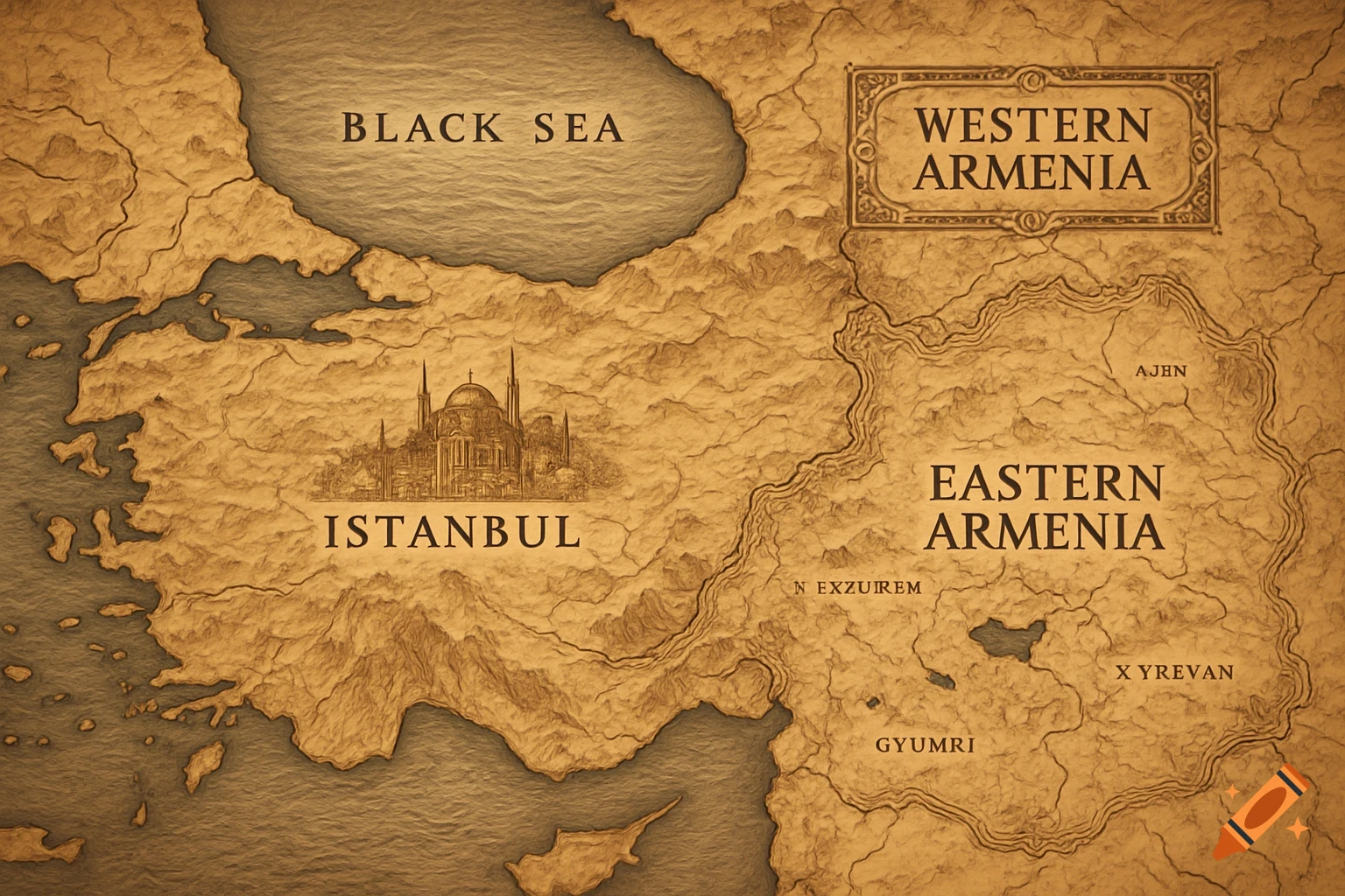 An old-style map showing the Black Sea, Istanbul, Western Armenia, and Eastern Armenia with some city labels.