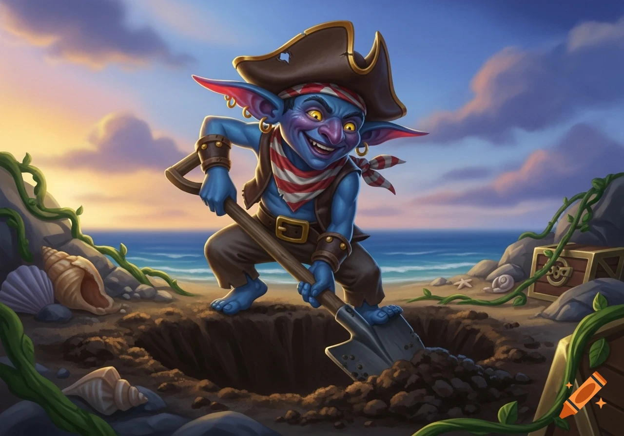 Friendly blue goblin pirate with yellow eyes digs a hole on a sandy beach at sunset, vibrant illustration.