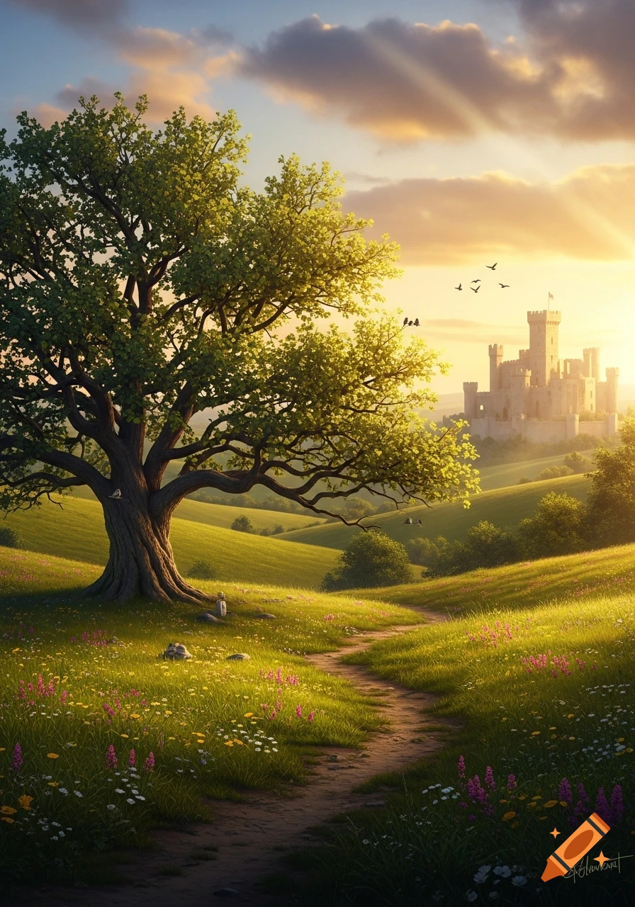 A picturesque landscape with a large, ancient tree on rolling green hills, a winding path, and a medieval castle under a vibrant sunset sky.