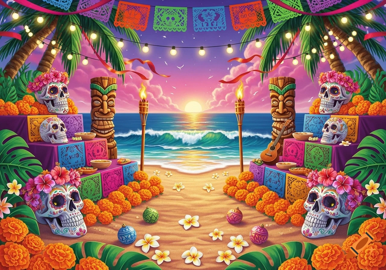 Vibrant beach scene at sunset with decorated sugar skulls, tiki statues, papel picado, string lights, marigolds, and tropical flowers.