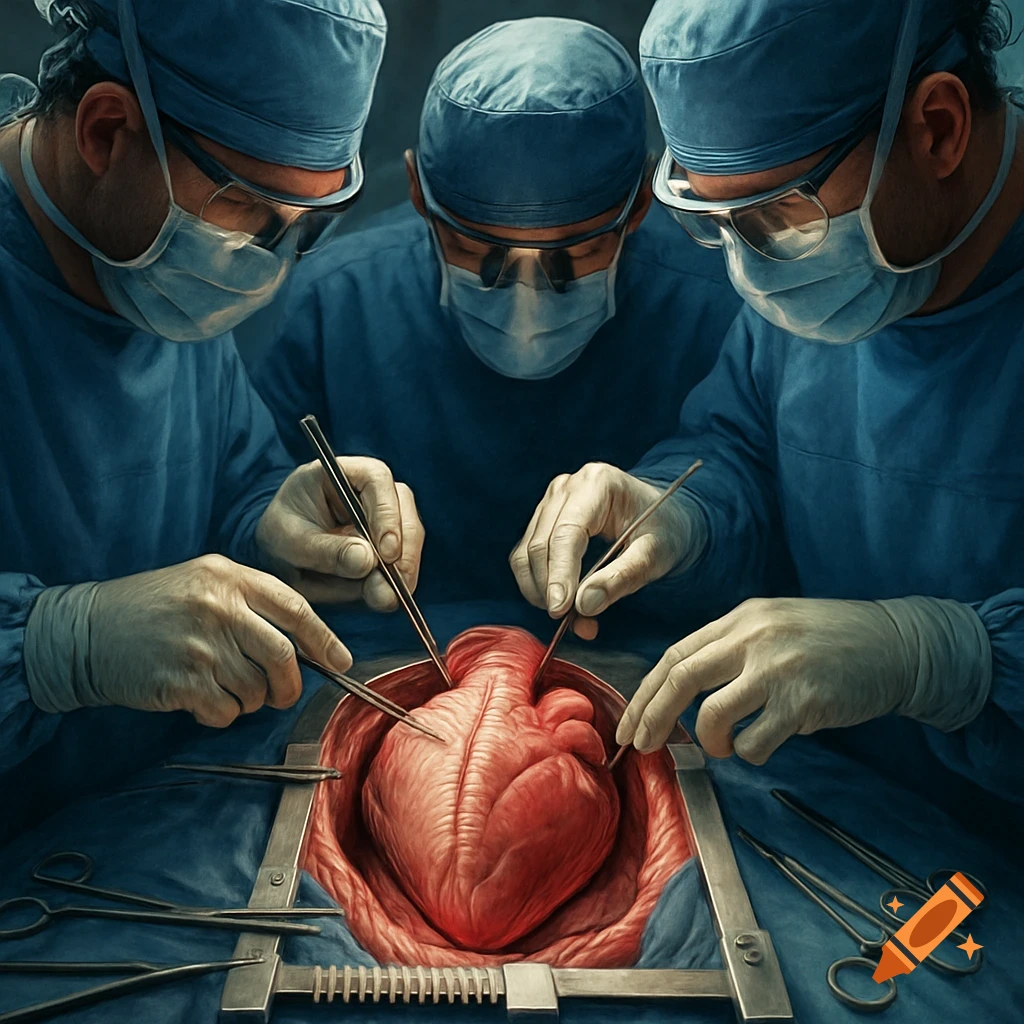 Three surgeons in blue scrubs and masks perform open-heart surgery on an exposed human heart, surrounded by medical instruments.
