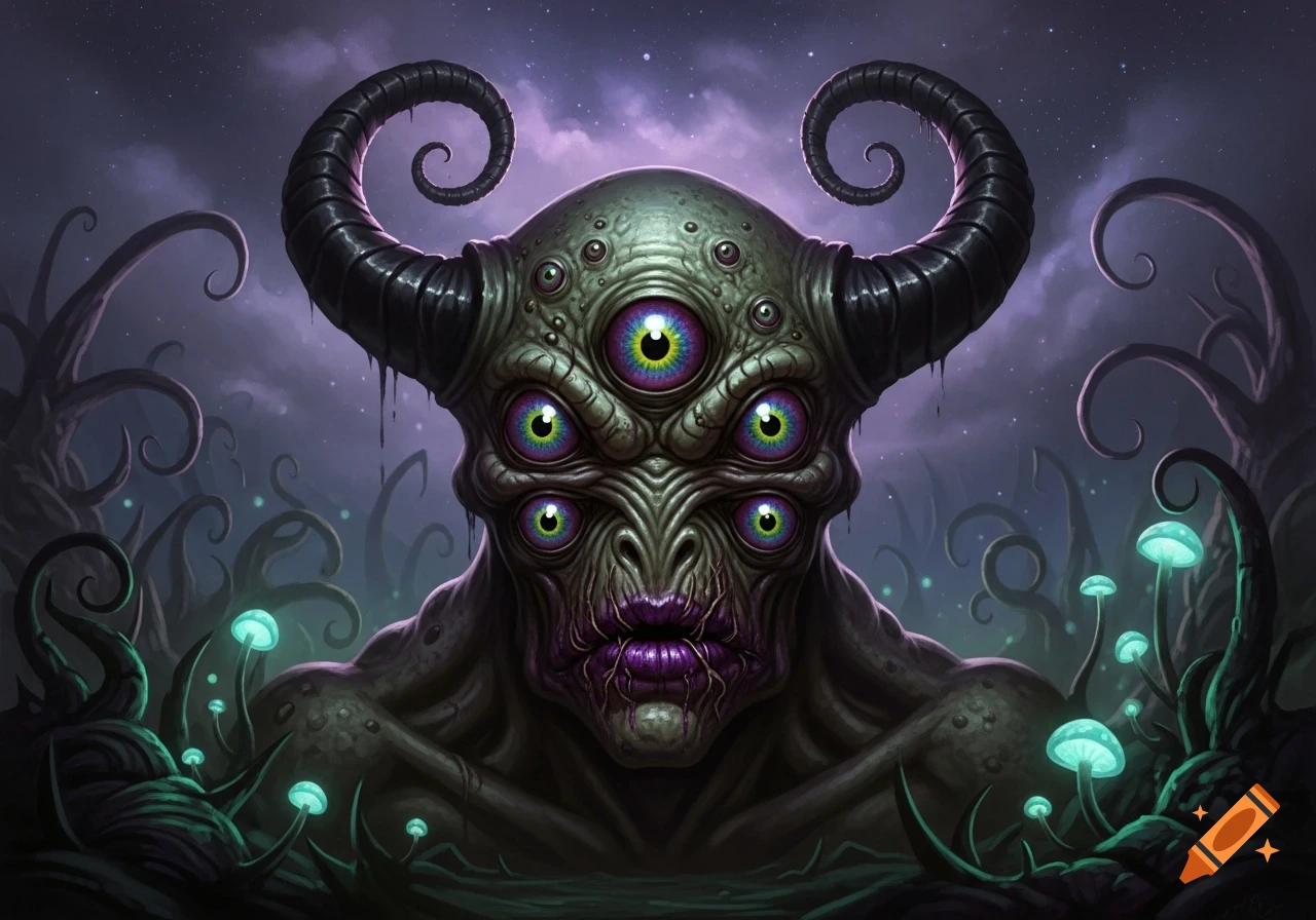 A monstrous alien with multiple glowing eyes, spiral horns, and a torn purple mouth, in a dark, glowing mushroom landscape.