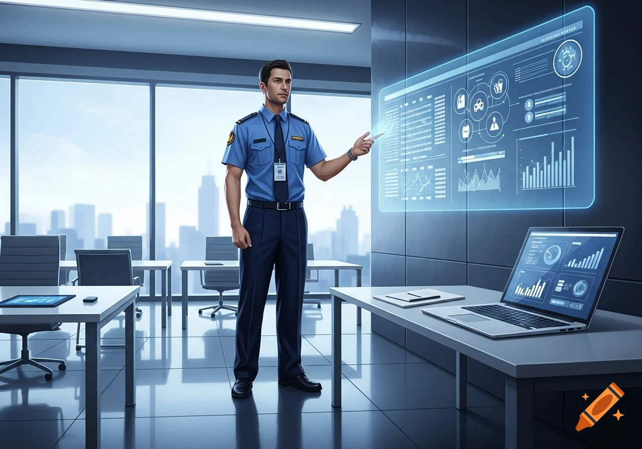 A photorealistic security officer in a blue uniform points to a glowing holographic screen displaying data charts in a modern office meeting room.