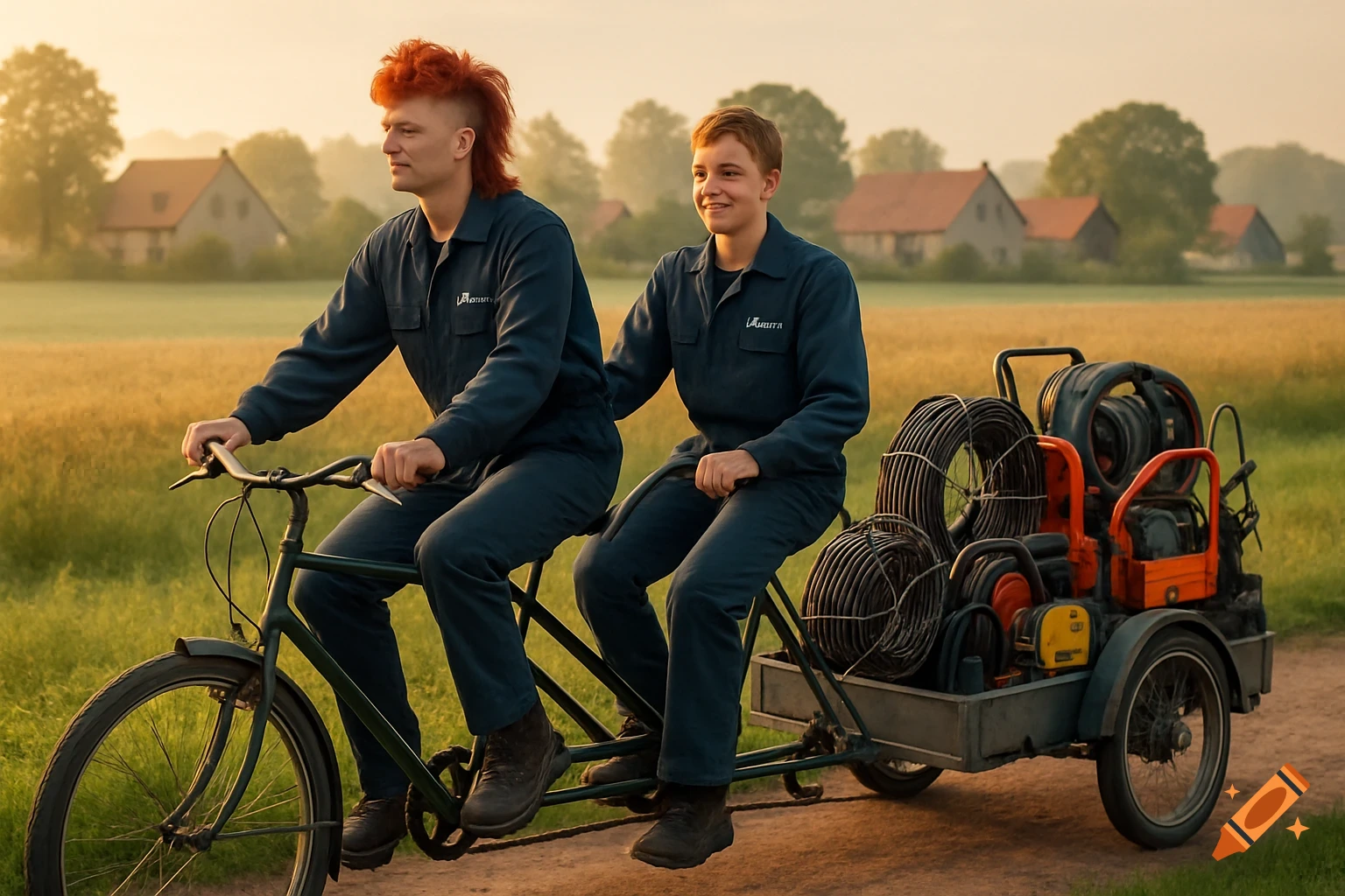 Two people in blue overalls ride a tandem bicycle with a tool trailer through a golden field at sunset.