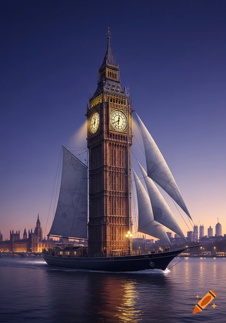 Big Ben transformed into a majestic sailboat, cruising on a river at dusk with a city skyline in the background, in a photorealistic style.