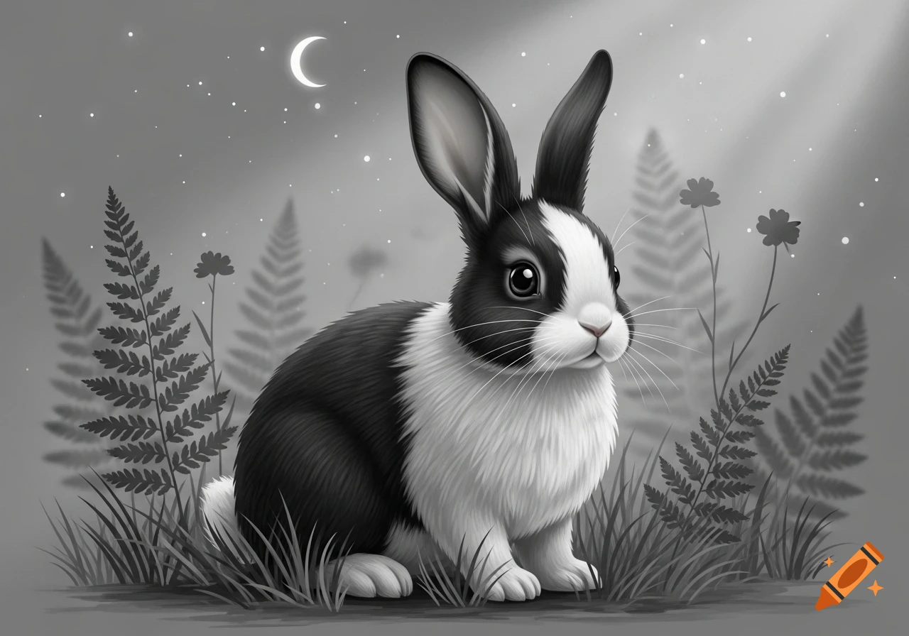 An illustrated black and white bunny sits in tall grass and ferns under a crescent moon and stars at night.