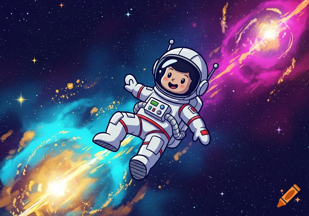 A cheerful cartoon astronaut in a white suit floats through a vibrant, starry space with colorful nebulae.