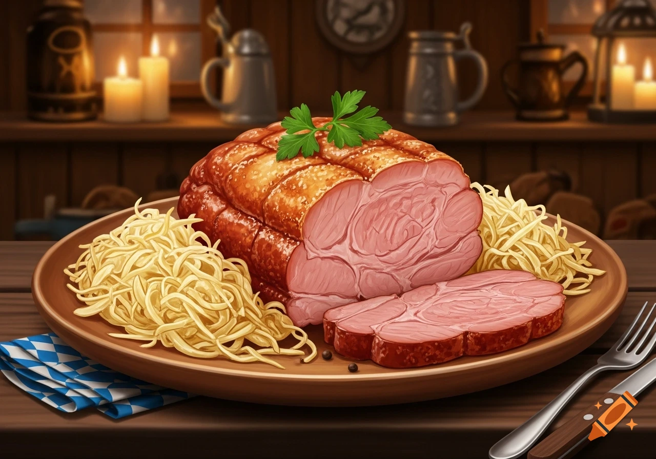 Platter of sliced Kasseler ham and sauerkraut on a wooden table in a rustic tavern.